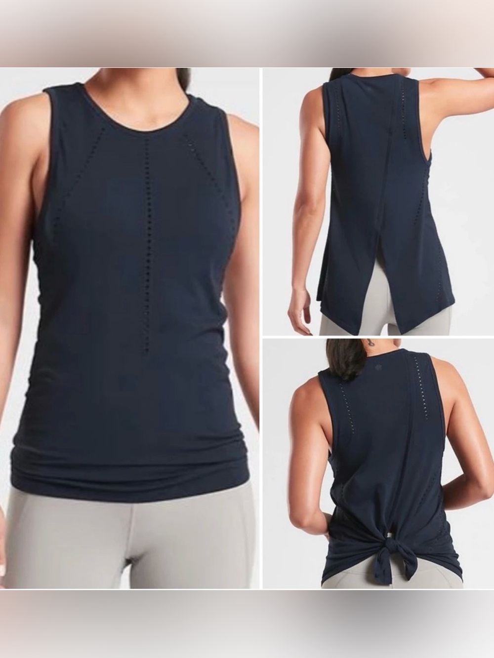 Athleta Tank Top Size L Foothill Seamless Crewneck Split Sleeveless Navy Blue
